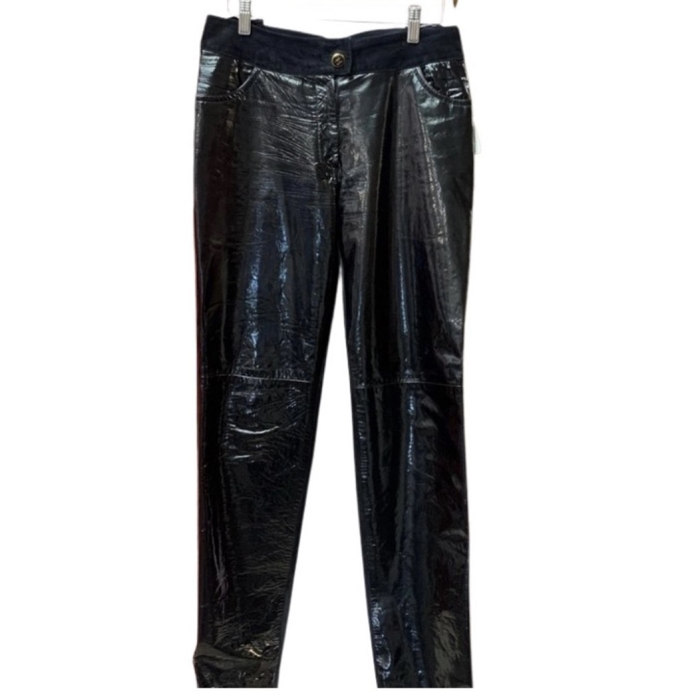 Chanel Black Patent & Suede Pants – CC Logo, Straight-Leg Size S (RARE)